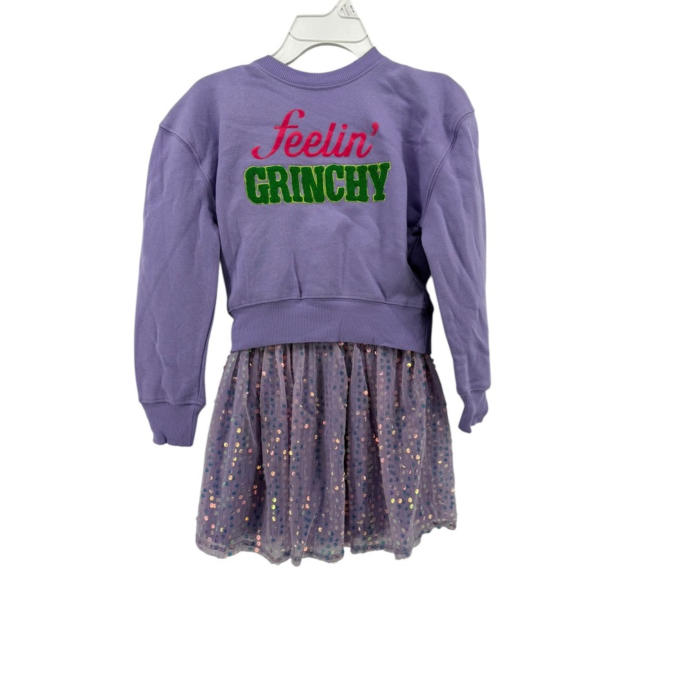 Girls Purple Feeling Grinchy Sequins Tulle‎ Skirt Set Christmas Size Small 7/8